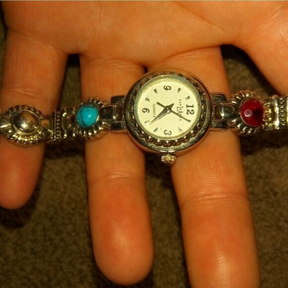 EXPLRAESS silver tone watch with a red and blue st - Picture 3 of 8